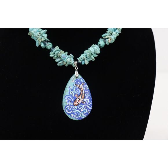 Turquoise Necklace with Hand Painted Koi Fish-Art to Wear-Beachy Coastal-Artsy - Picture 1 of 9